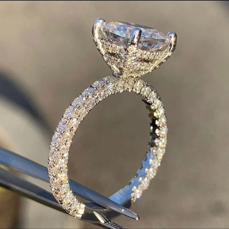 14K Gold Diamond Double Under Halo Ring w/ 4 Carat Princess Cut Forever Brilliant Moissanite Engagement Ring