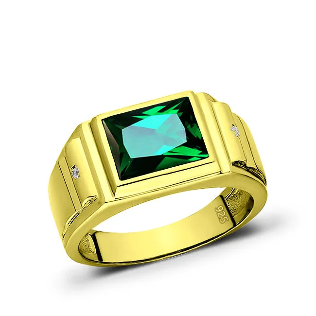 18K Yellow Gold Plated Man Statement Emerald Ring 2 Diamonds Luxurious Jewelry