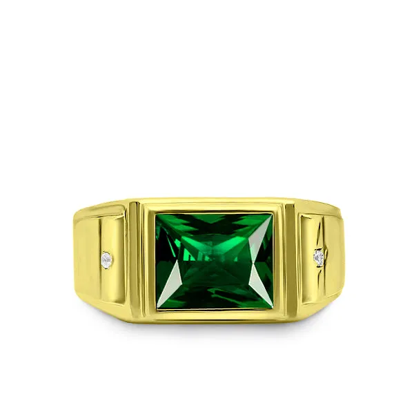 18K Yellow Gold Plated Man Statement Emerald Ring 2 Diamonds Luxurious Jewelry