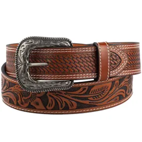 AndWest Men's Veg Tooled with Basketweave Billets Belt