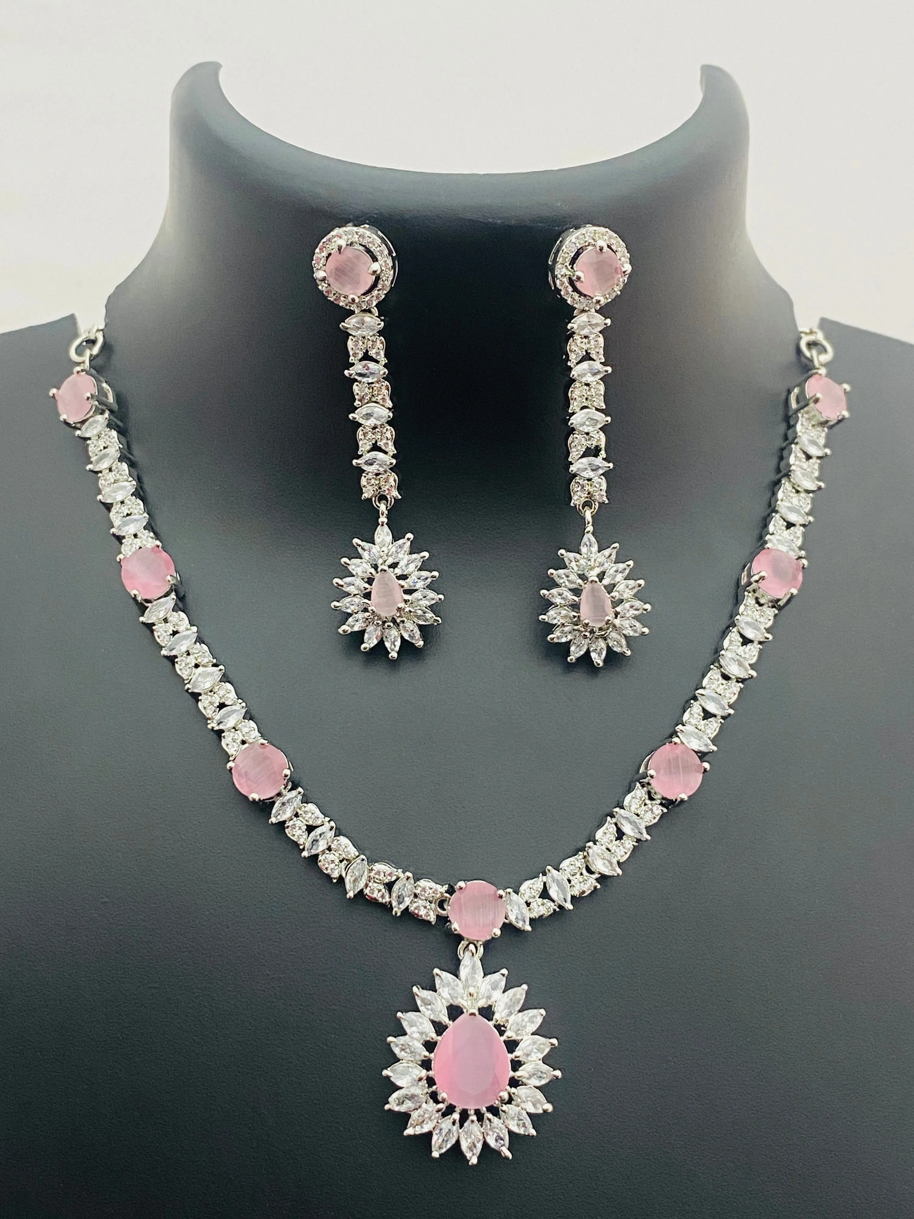 Appealing American Diamond Light Pink And White Stoned Necklace With Floral Designed Pendant