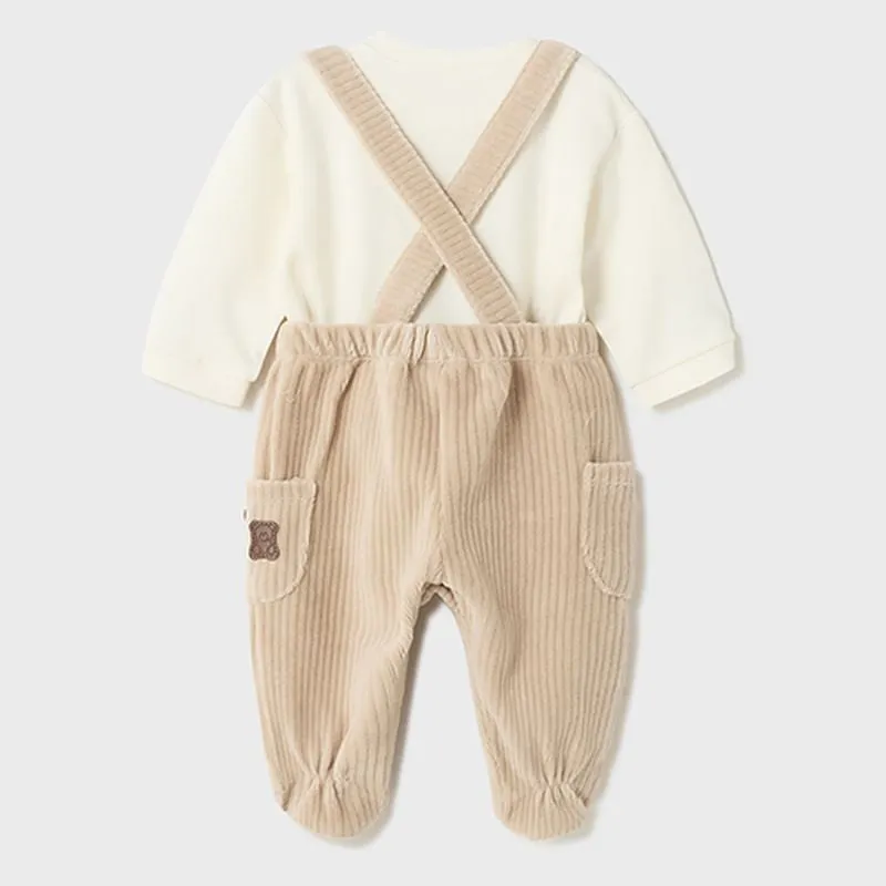 Beige Bear Graphic Overalls Outfit