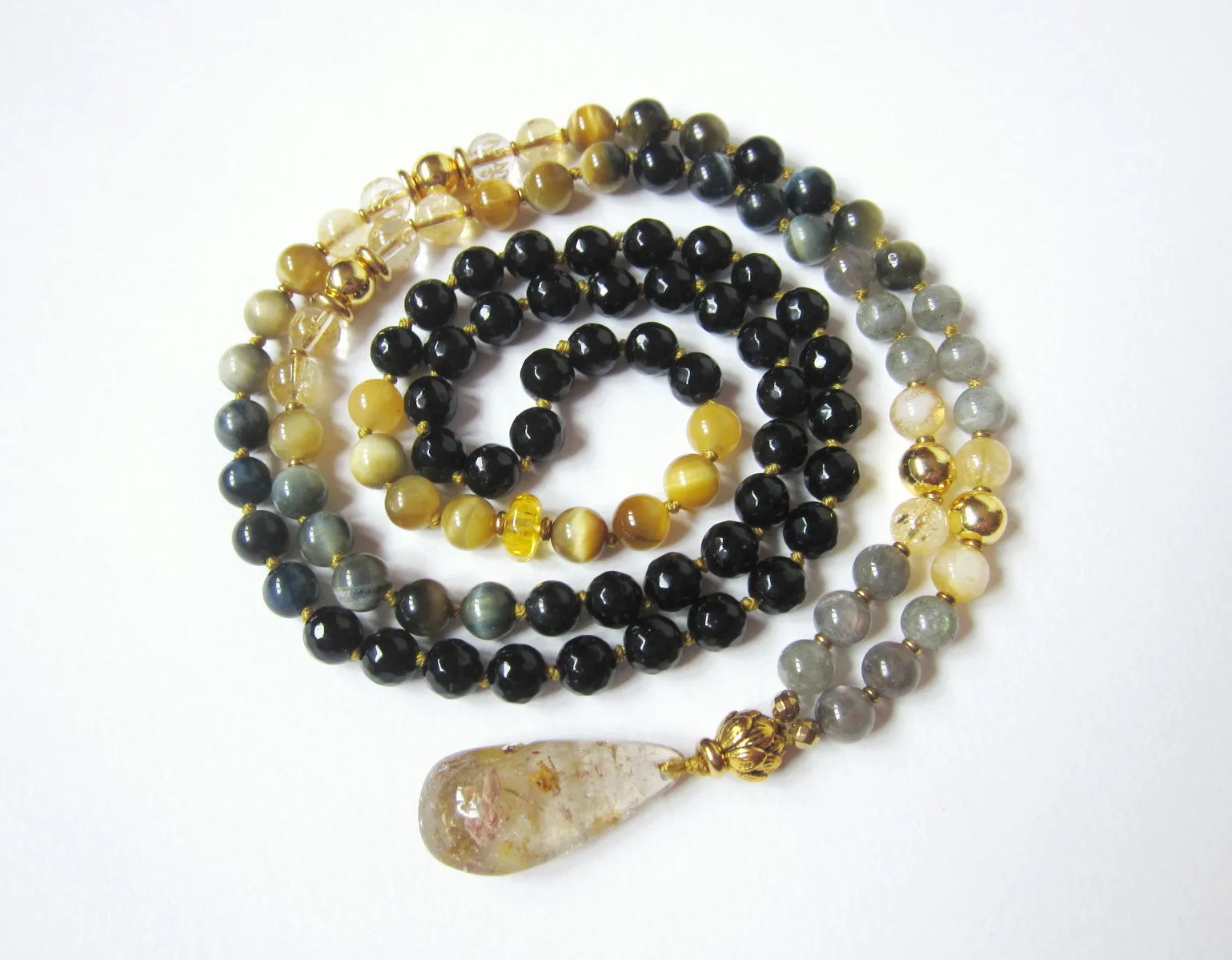 Cats Eye, Honey Mustard Blue Tiger Eye, Citrine, Gold Rutilated Quartz Pendant Necklace