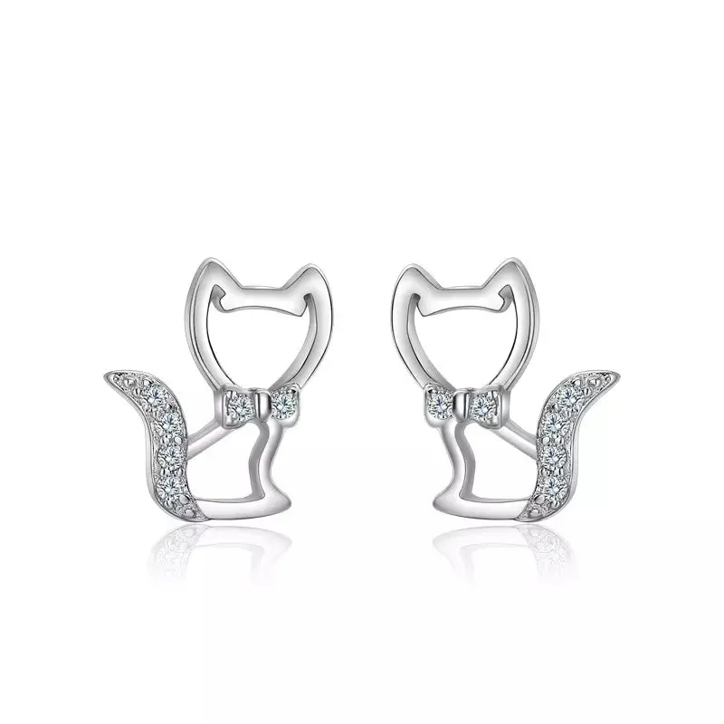 Cubic Zirconia Tail Cat Earrings in Solid 925 Sterling Silver and 18K Gold Plating