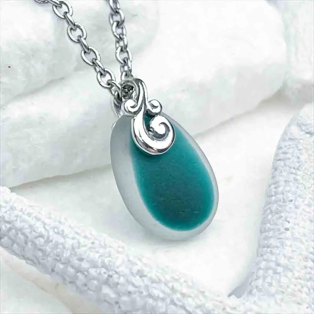 Deep Aqua English Multi Sea Glass Sterling Silver Pendant | #5157