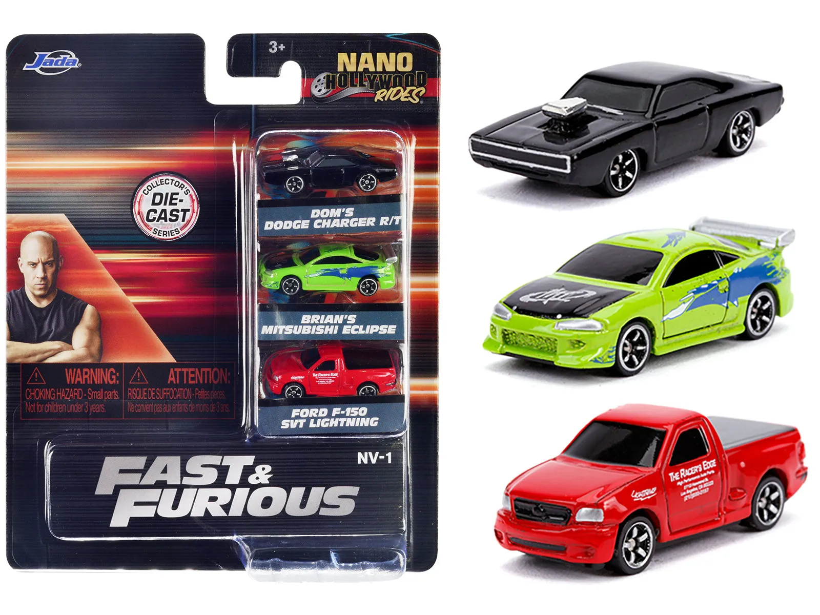 Fast & Furious 3 piece Set Nano Hollywood Rides Diecast Model Cars by Jada