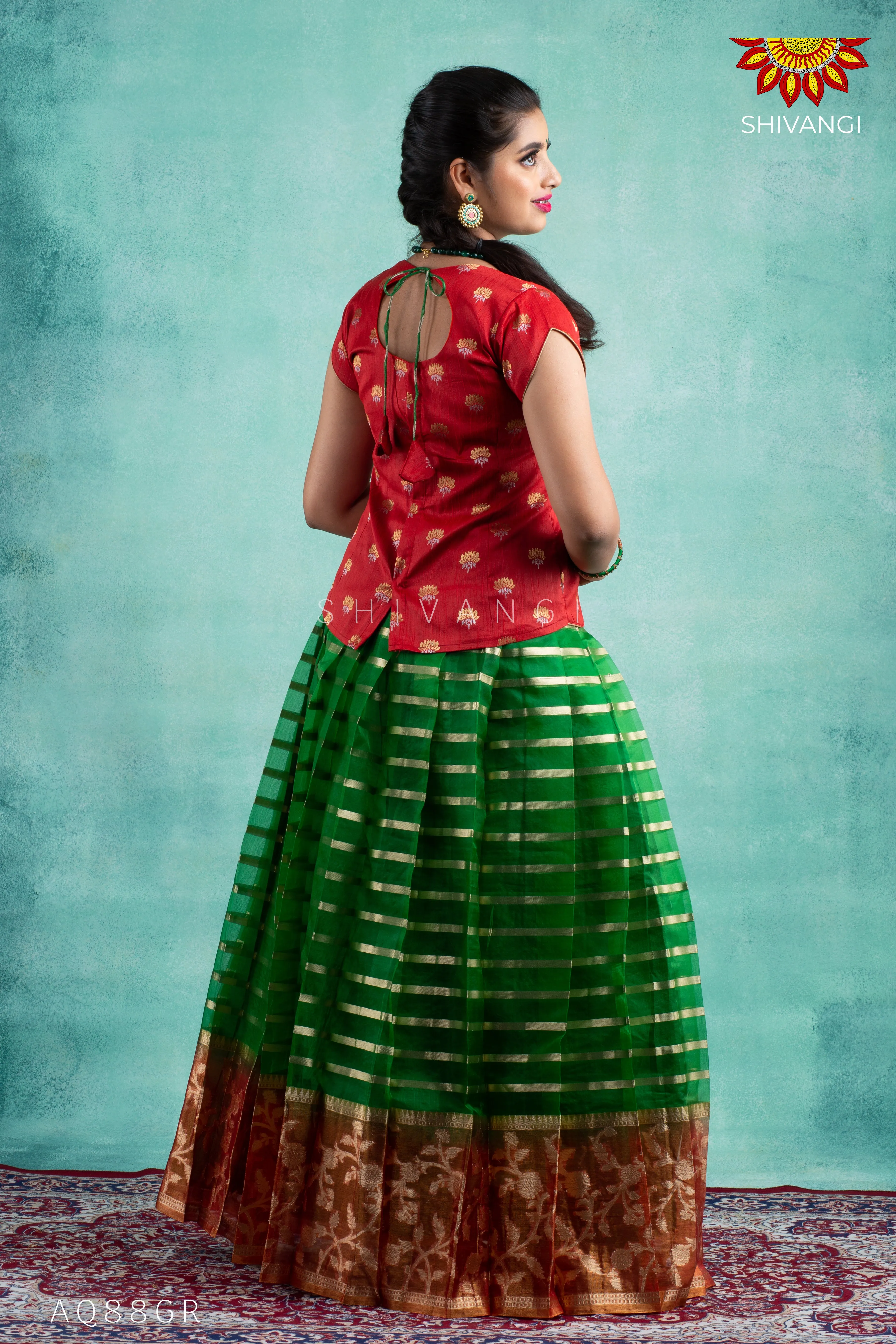 Girls Green Blue Meadow Pattu Pavadai