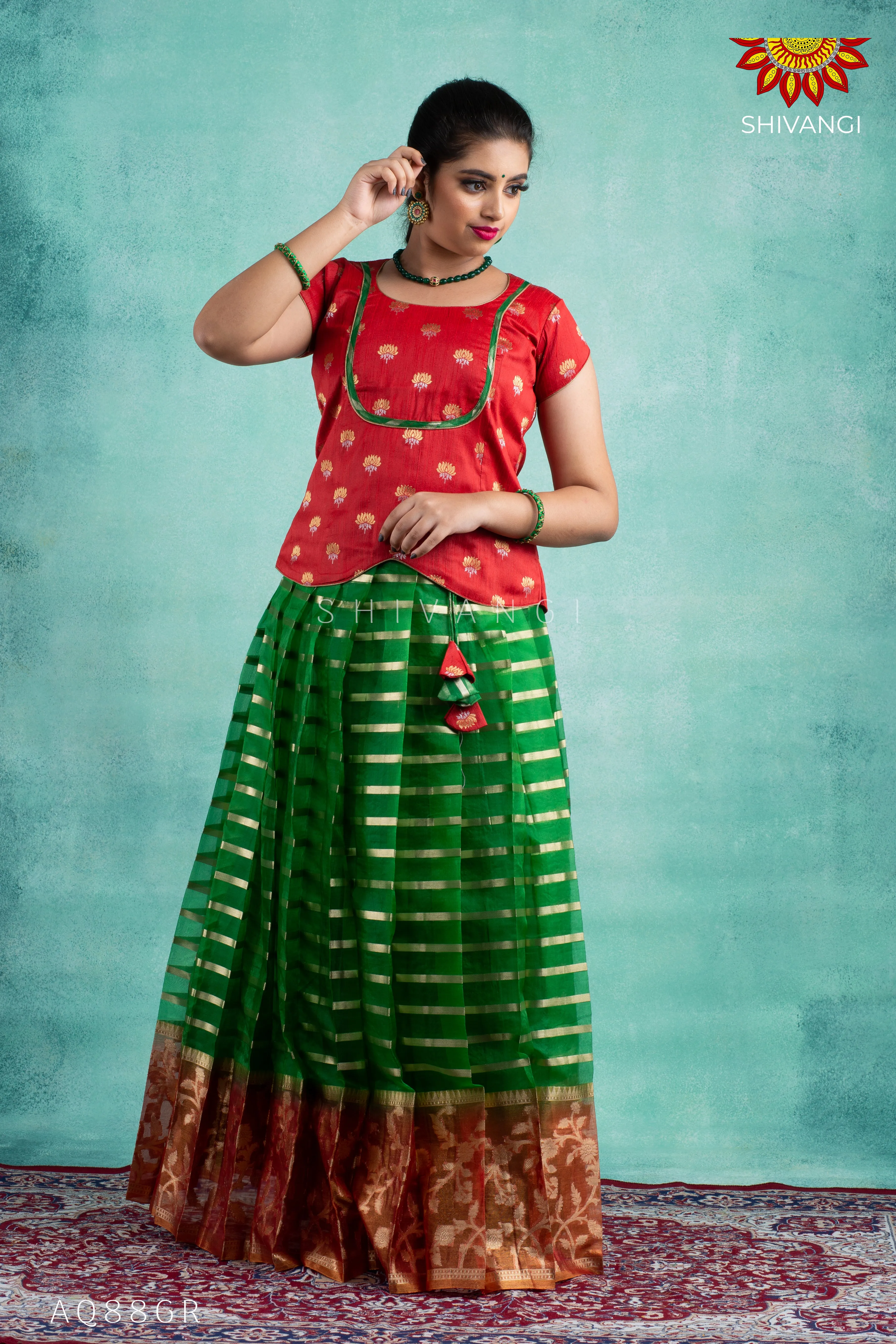 Girls Green Blue Meadow Pattu Pavadai