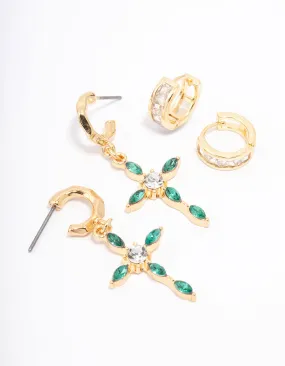 Gold Plated Emerald Diamante Cross Earring Pack