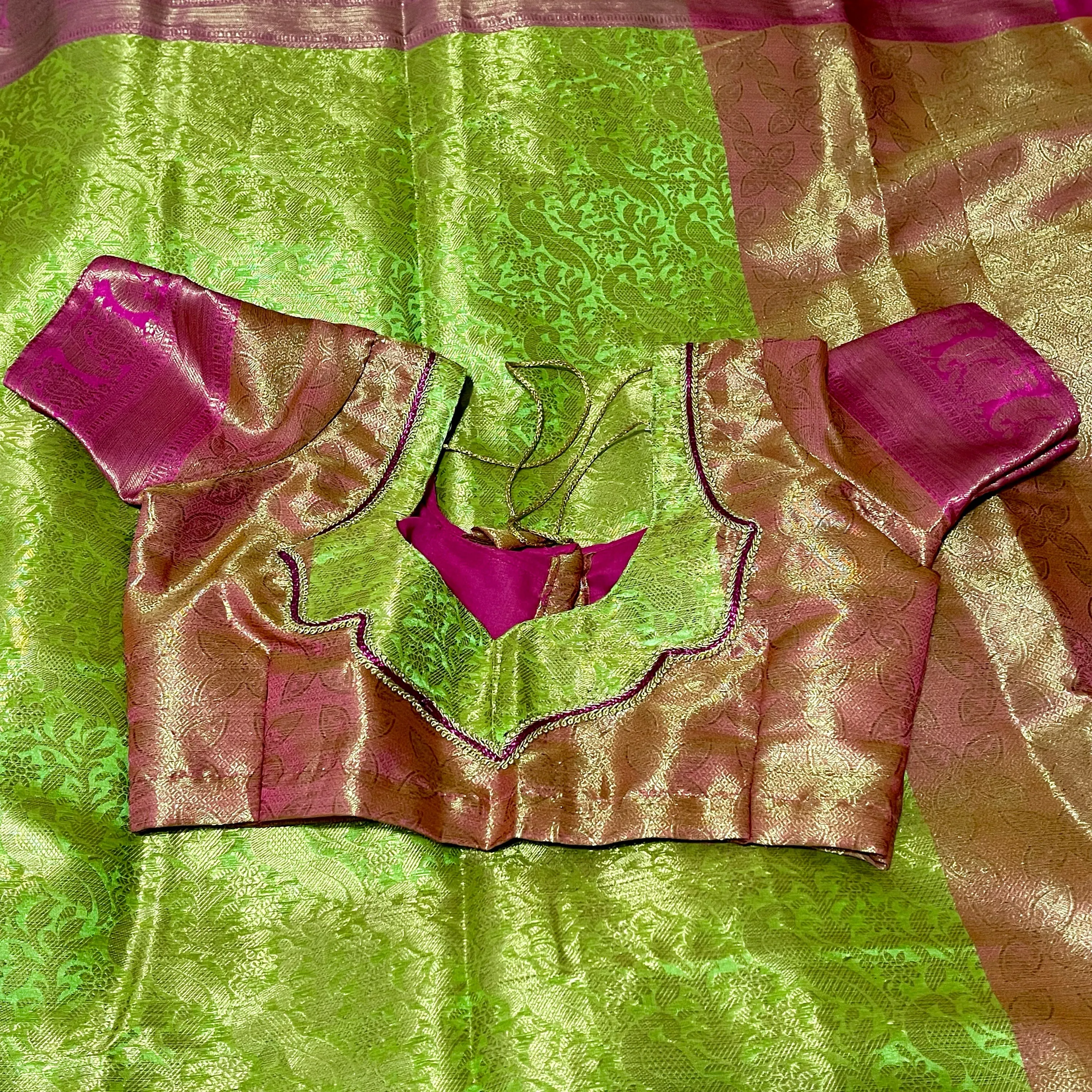 Green & Pink Banarasi Soft Tissue Silk Saree with Stitched Blouse