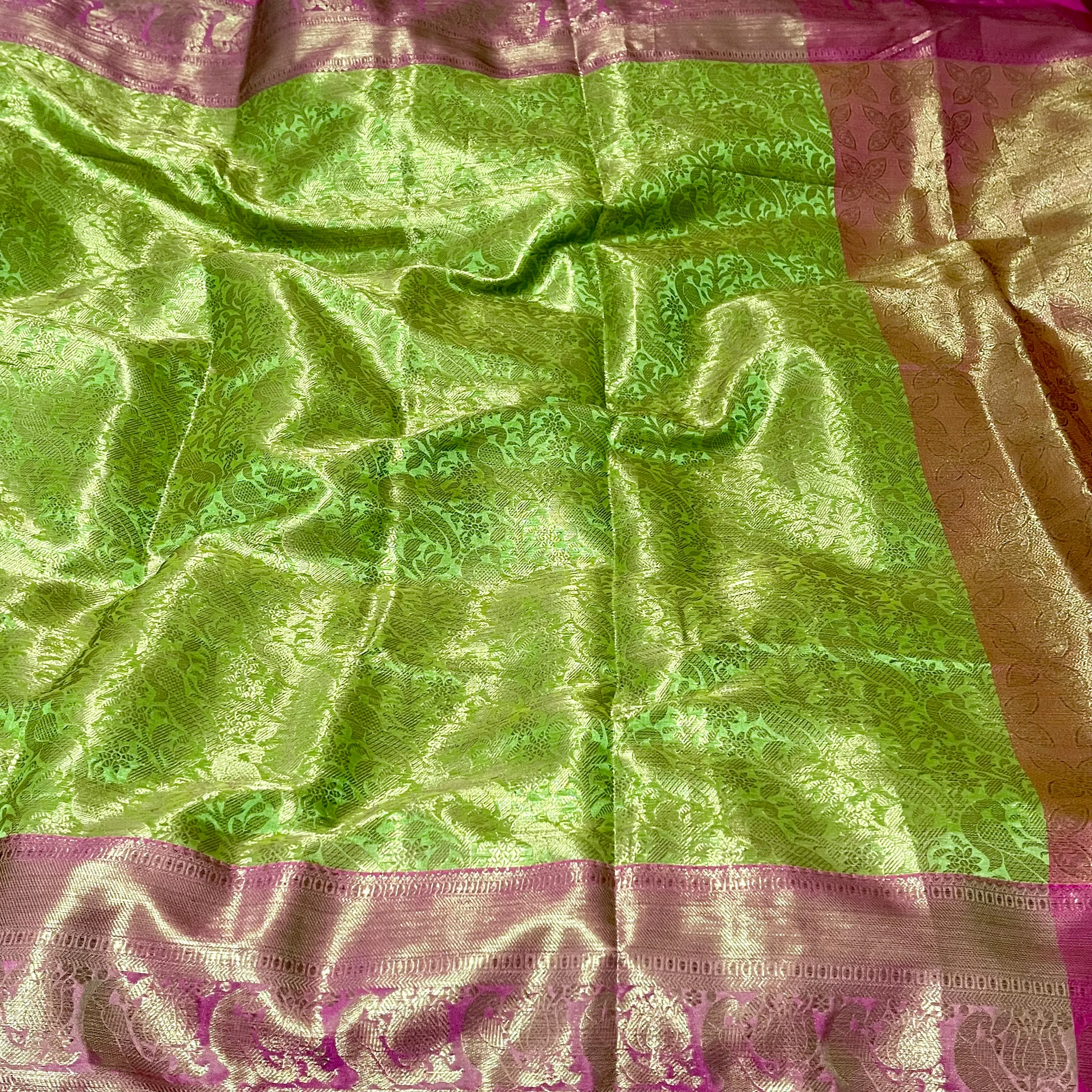 Green & Pink Banarasi Soft Tissue Silk Saree with Stitched Blouse