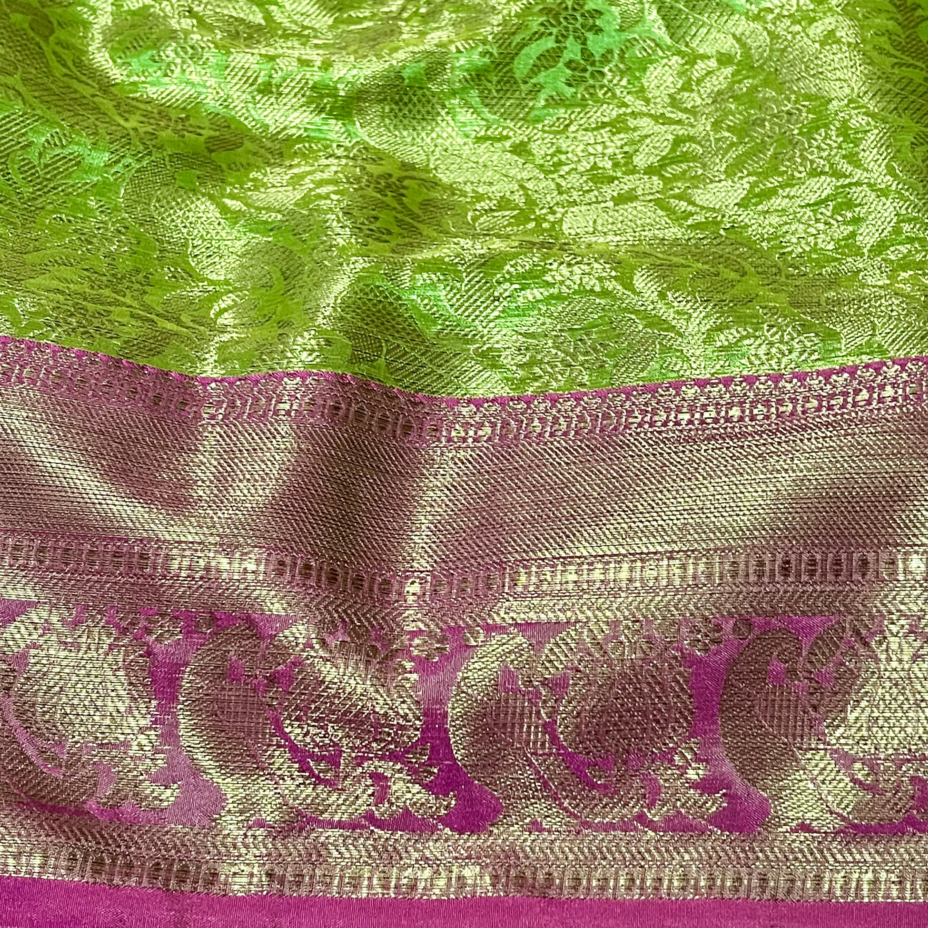 Green & Pink Banarasi Soft Tissue Silk Saree with Stitched Blouse