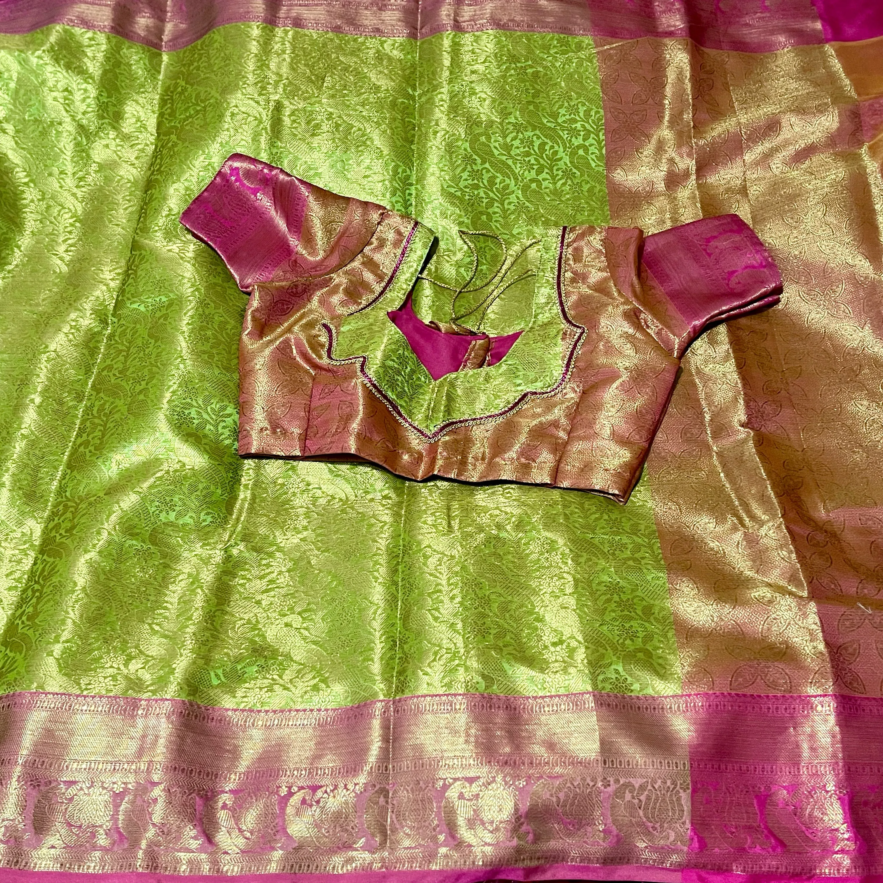 Green & Pink Banarasi Soft Tissue Silk Saree with Stitched Blouse