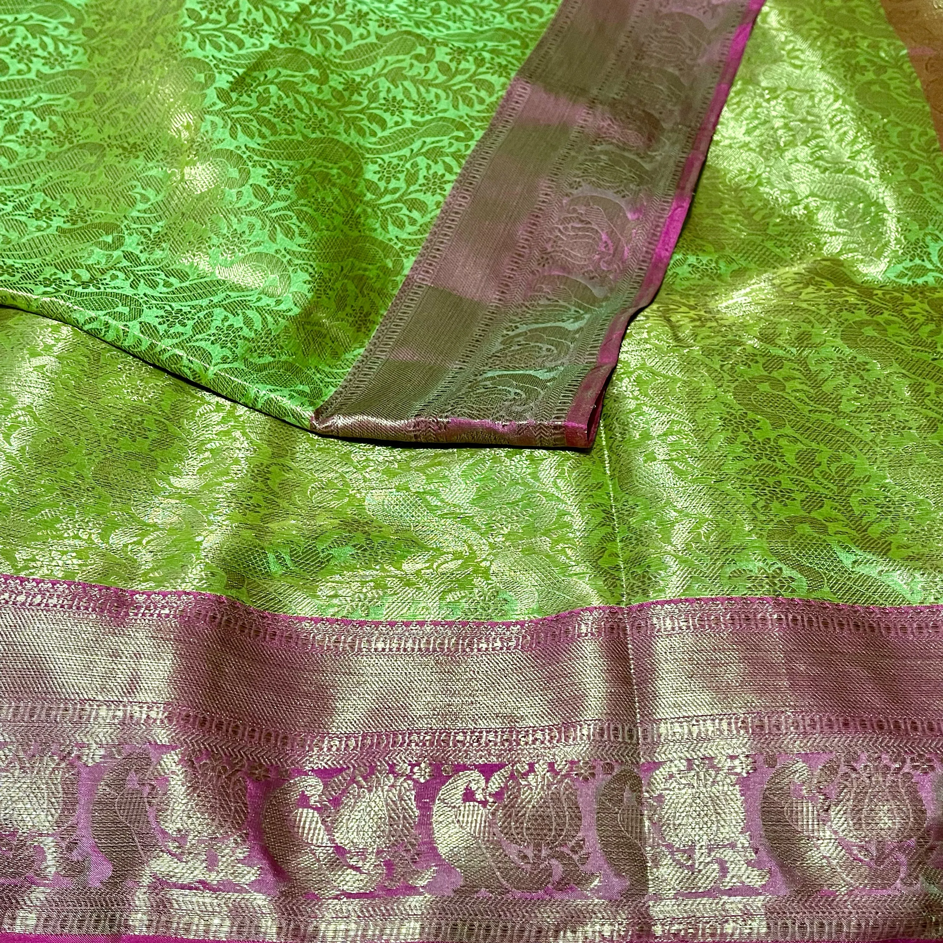 Green & Pink Banarasi Soft Tissue Silk Saree with Stitched Blouse