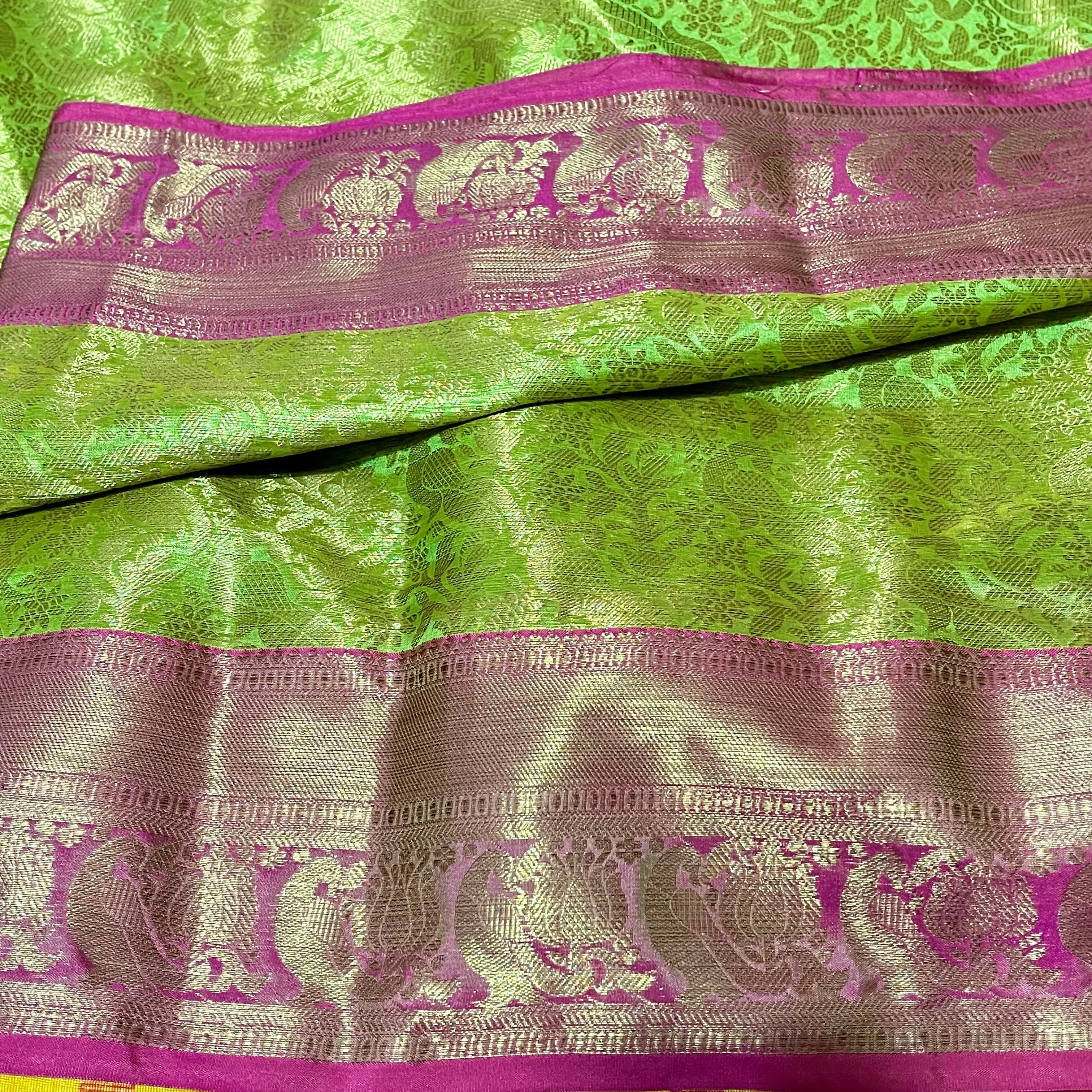 Green & Pink Banarasi Soft Tissue Silk Saree with Stitched Blouse