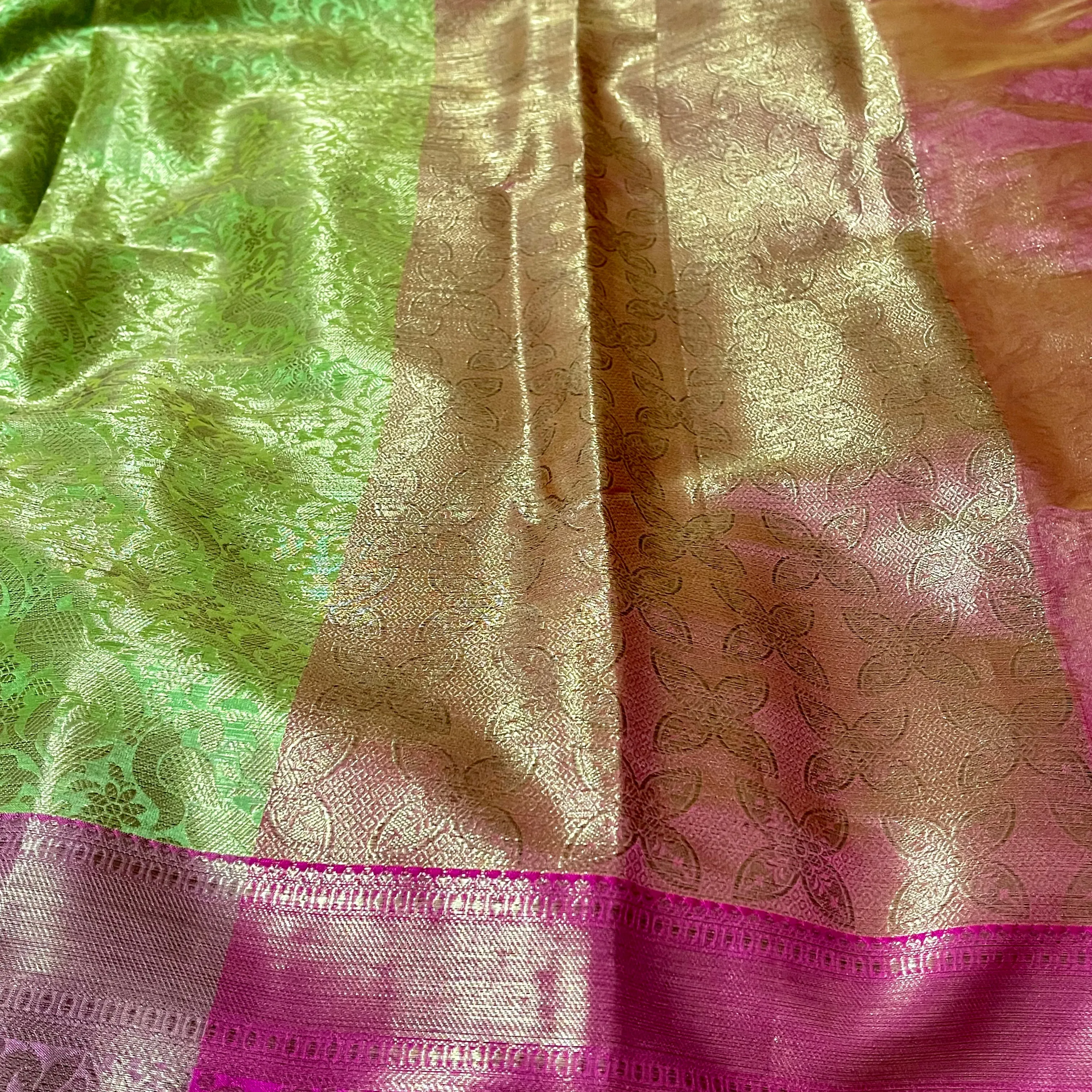 Green & Pink Banarasi Soft Tissue Silk Saree with Stitched Blouse