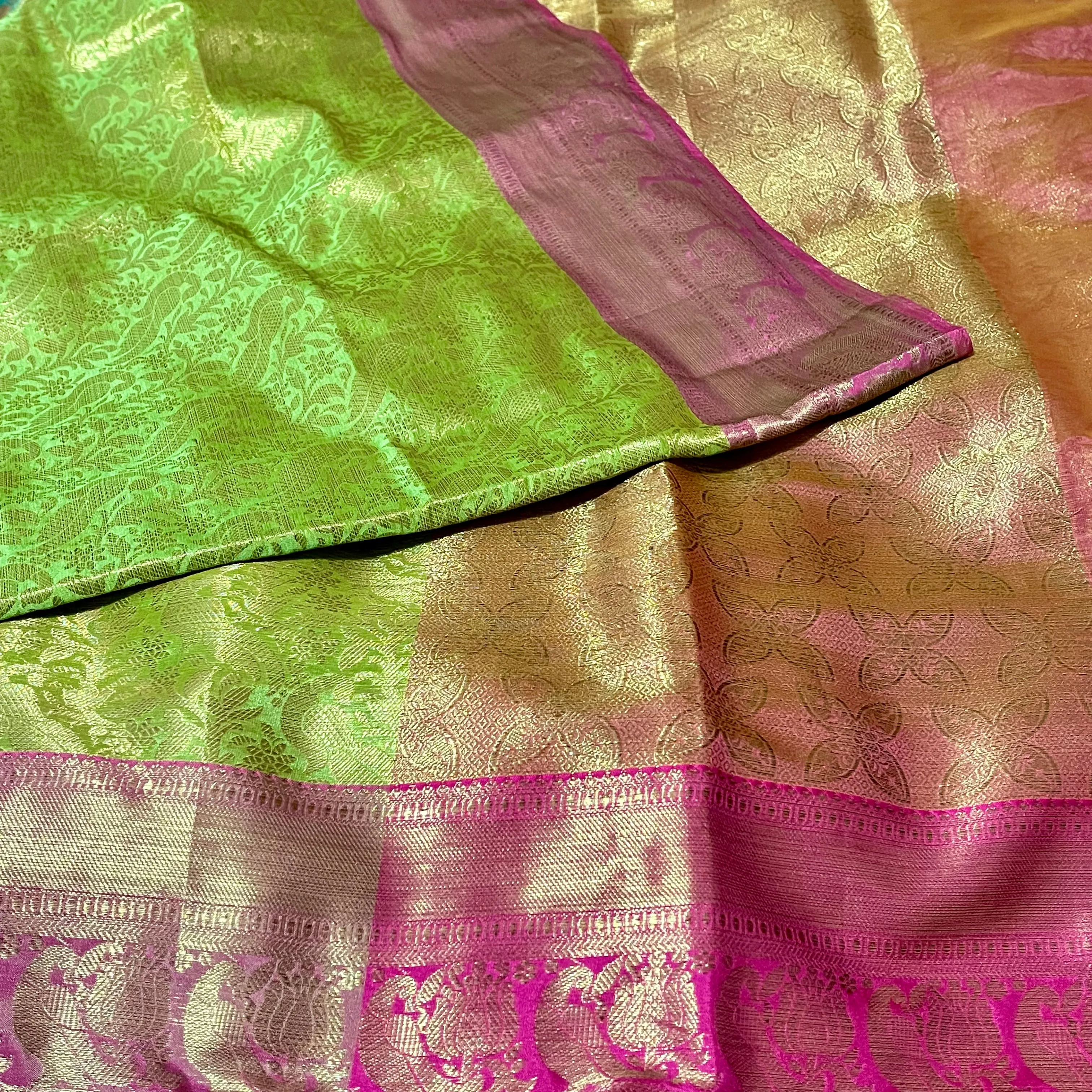 Green & Pink Banarasi Soft Tissue Silk Saree with Stitched Blouse