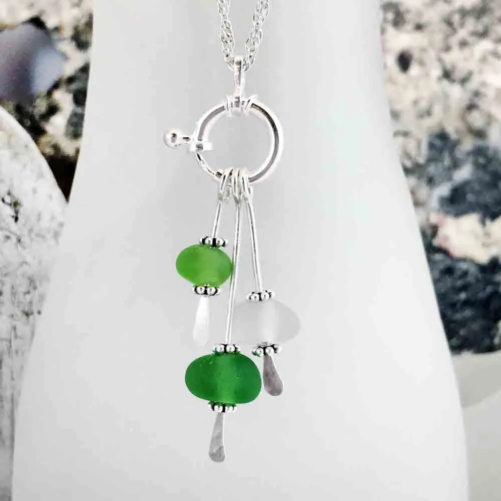 Green True "Bubble" Sea Glass Sea Spray Sterling Silver Necklace | #1658