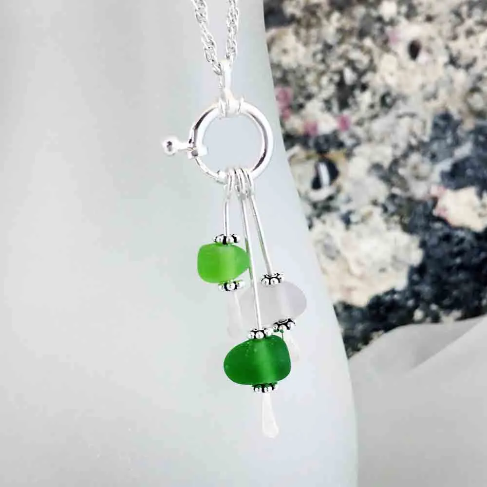 Green True "Bubble" Sea Glass Sea Spray Sterling Silver Necklace | #1658