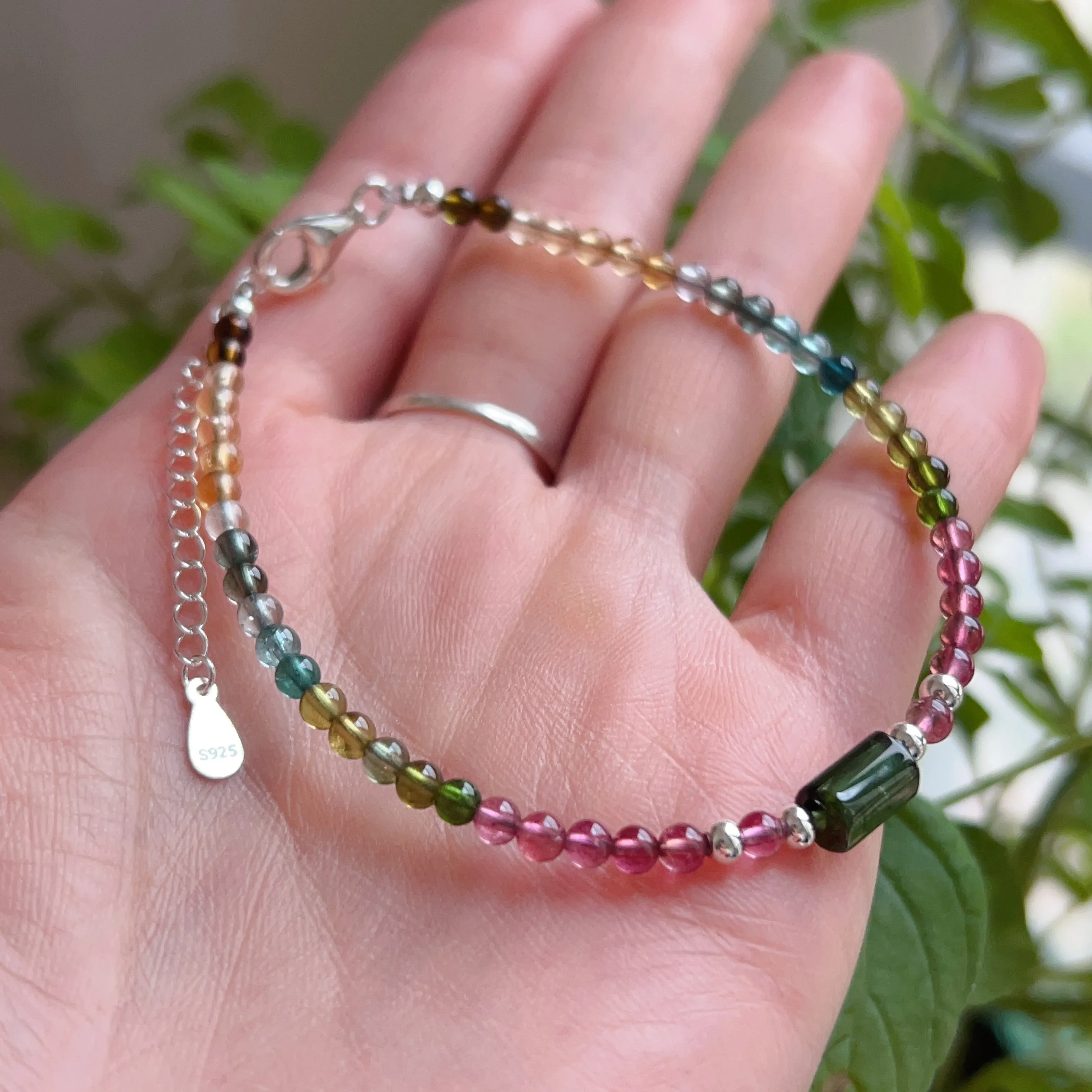 Handmade Rainbow Tourmaline Bracelet Green Tourmaline | 925 Sterling Silver Silver Adjustable Style