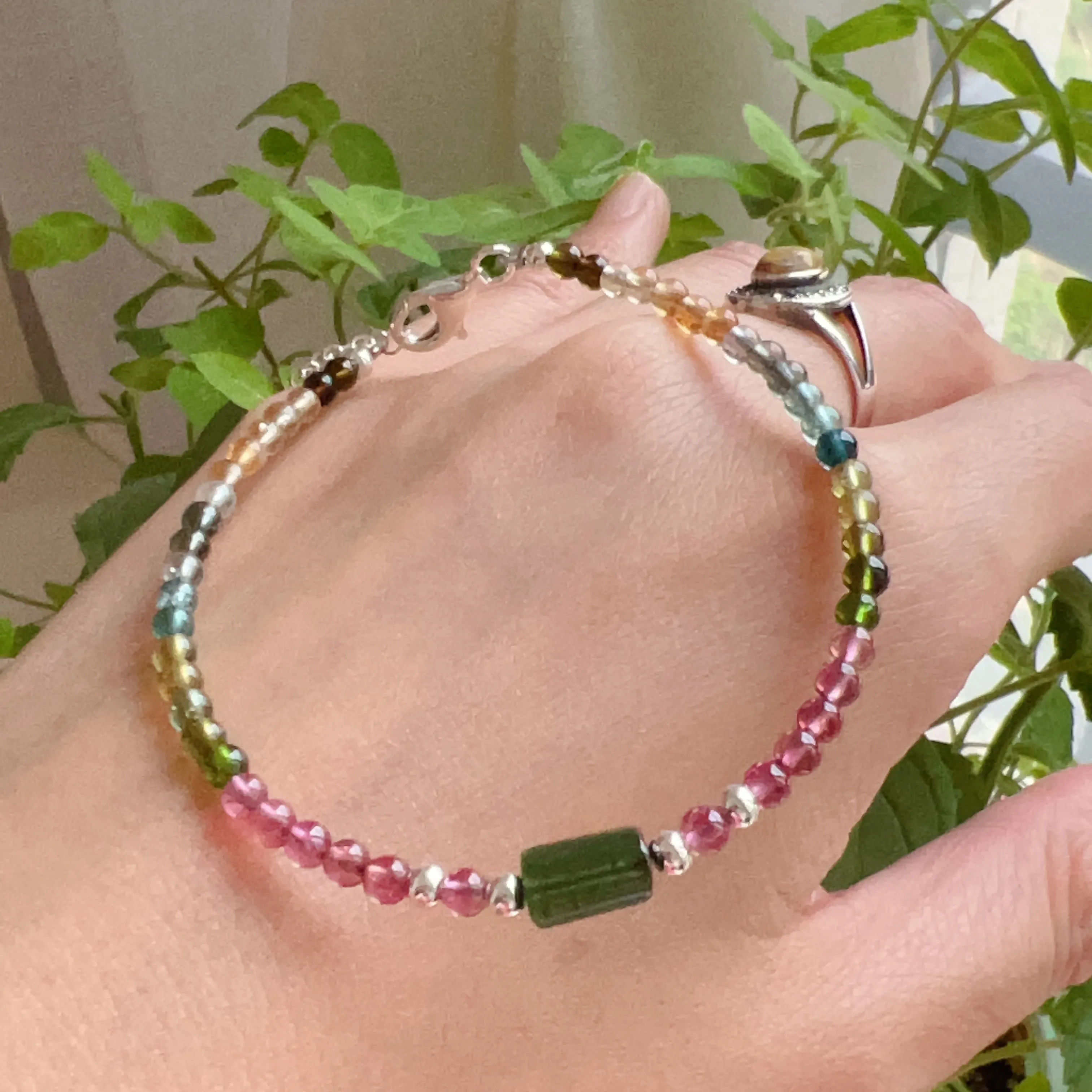 Handmade Rainbow Tourmaline Bracelet Green Tourmaline | 925 Sterling Silver Silver Adjustable Style