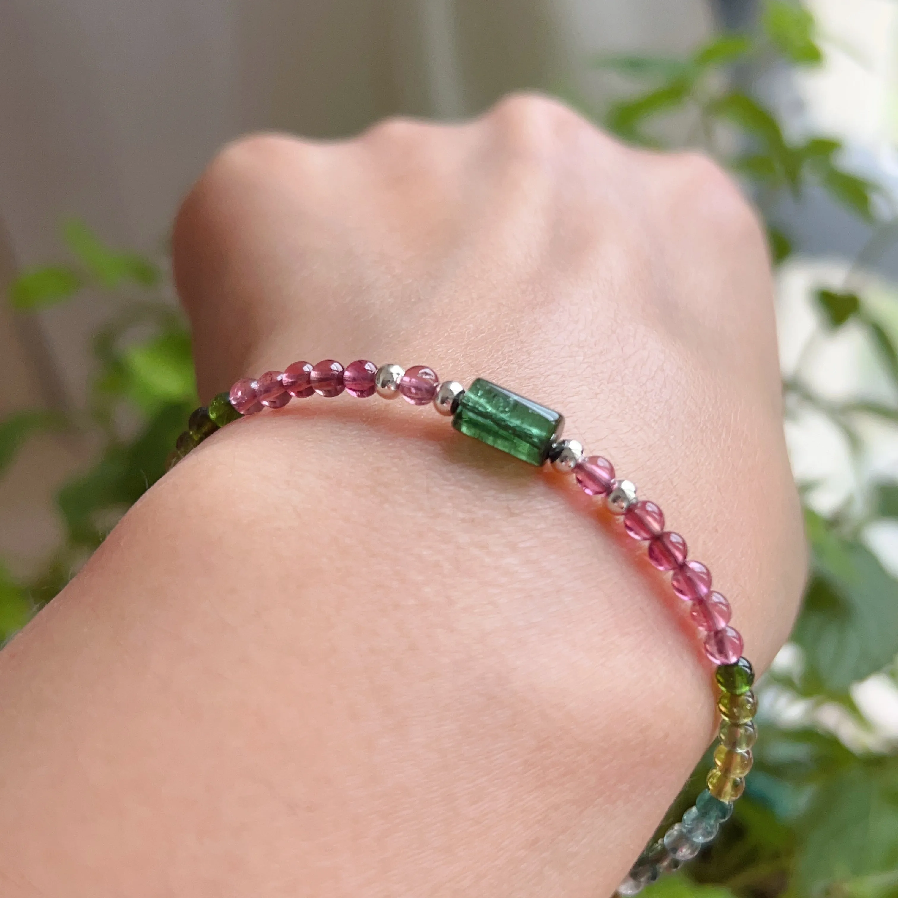 Handmade Rainbow Tourmaline Bracelet Green Tourmaline | 925 Sterling Silver Silver Adjustable Style