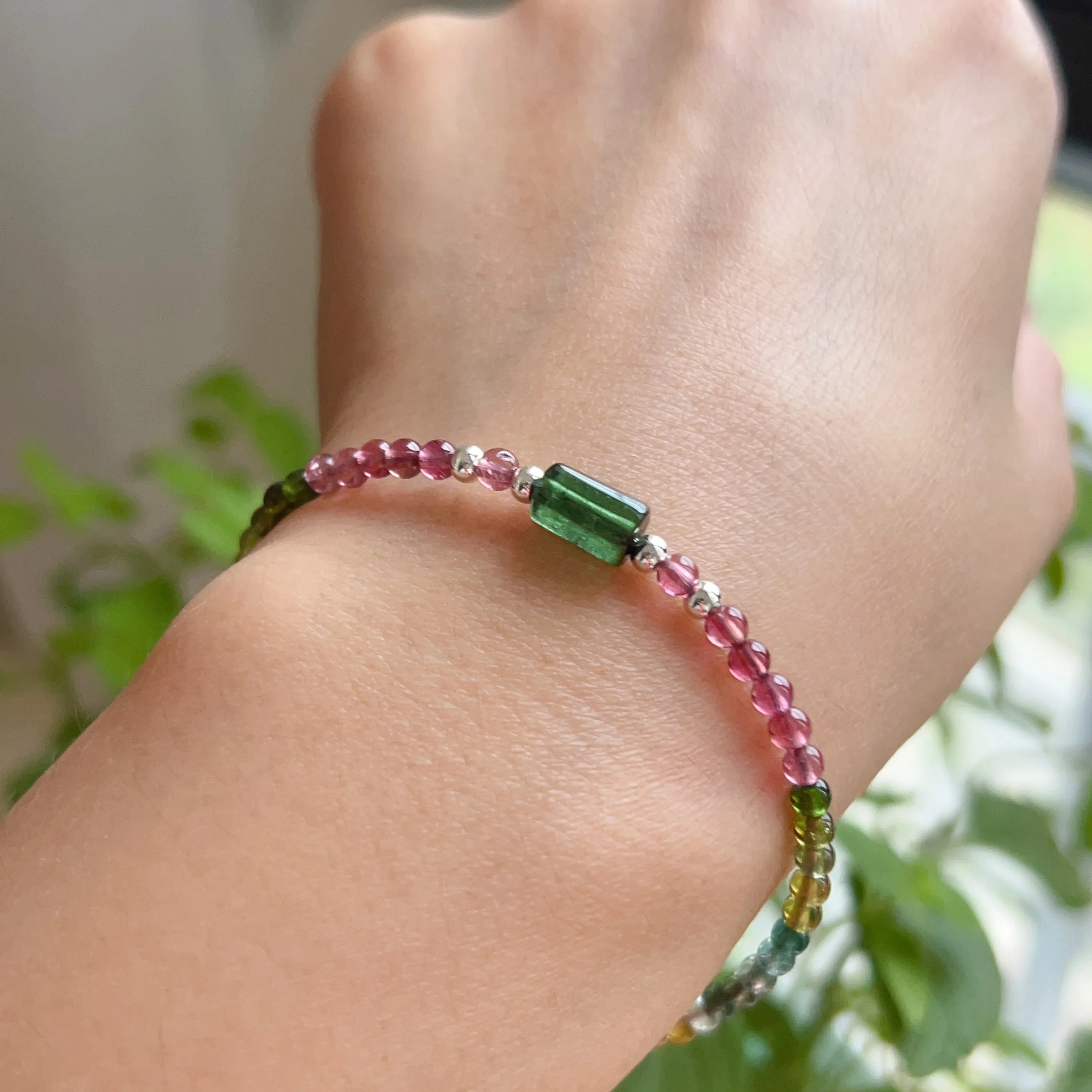 Handmade Rainbow Tourmaline Bracelet Green Tourmaline | 925 Sterling Silver Silver Adjustable Style