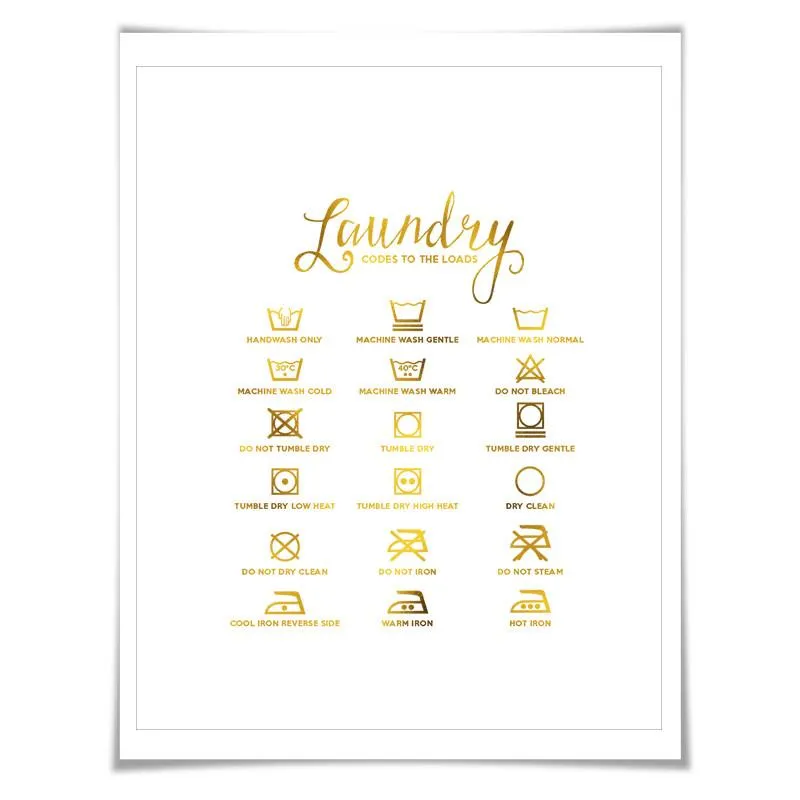 Laundry Symbols Gold Foil Art Print. 7 Foil Colours. Laundry Room Poster. Laundry Rules Procedures Sign