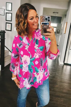 Lizzy Top in Magenta and Teal Tropical Floral