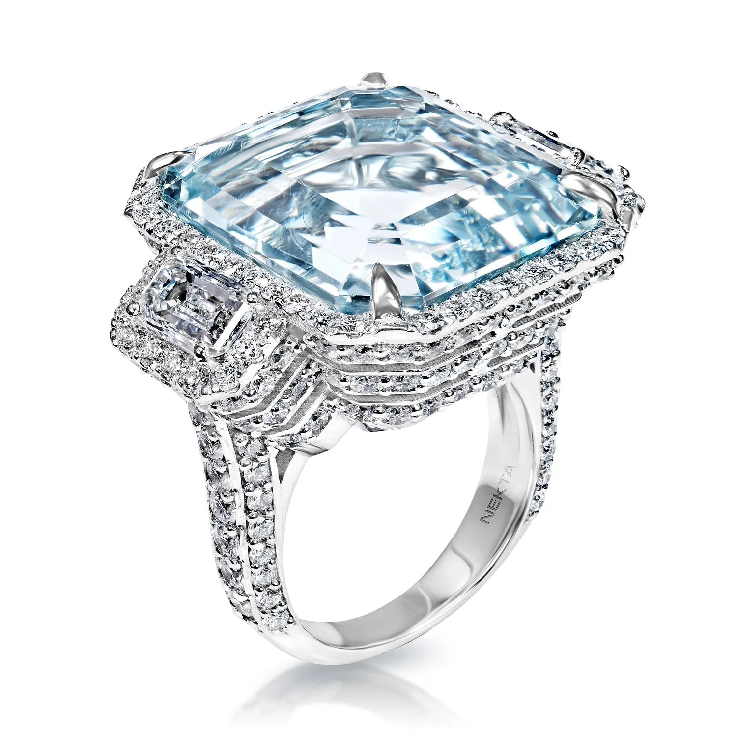 Lyndy 23 Carat AA Aquamarine Emerald Cut Lab Grown Blue Diamond Engagement Ring in 14k White Gold By Mike Nekta