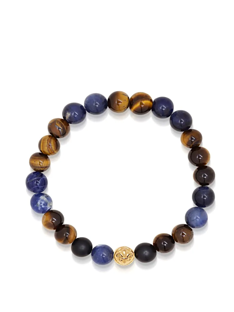 Men's Wristband with Blue Dumortierite, Brown Tiger Eye and Gold