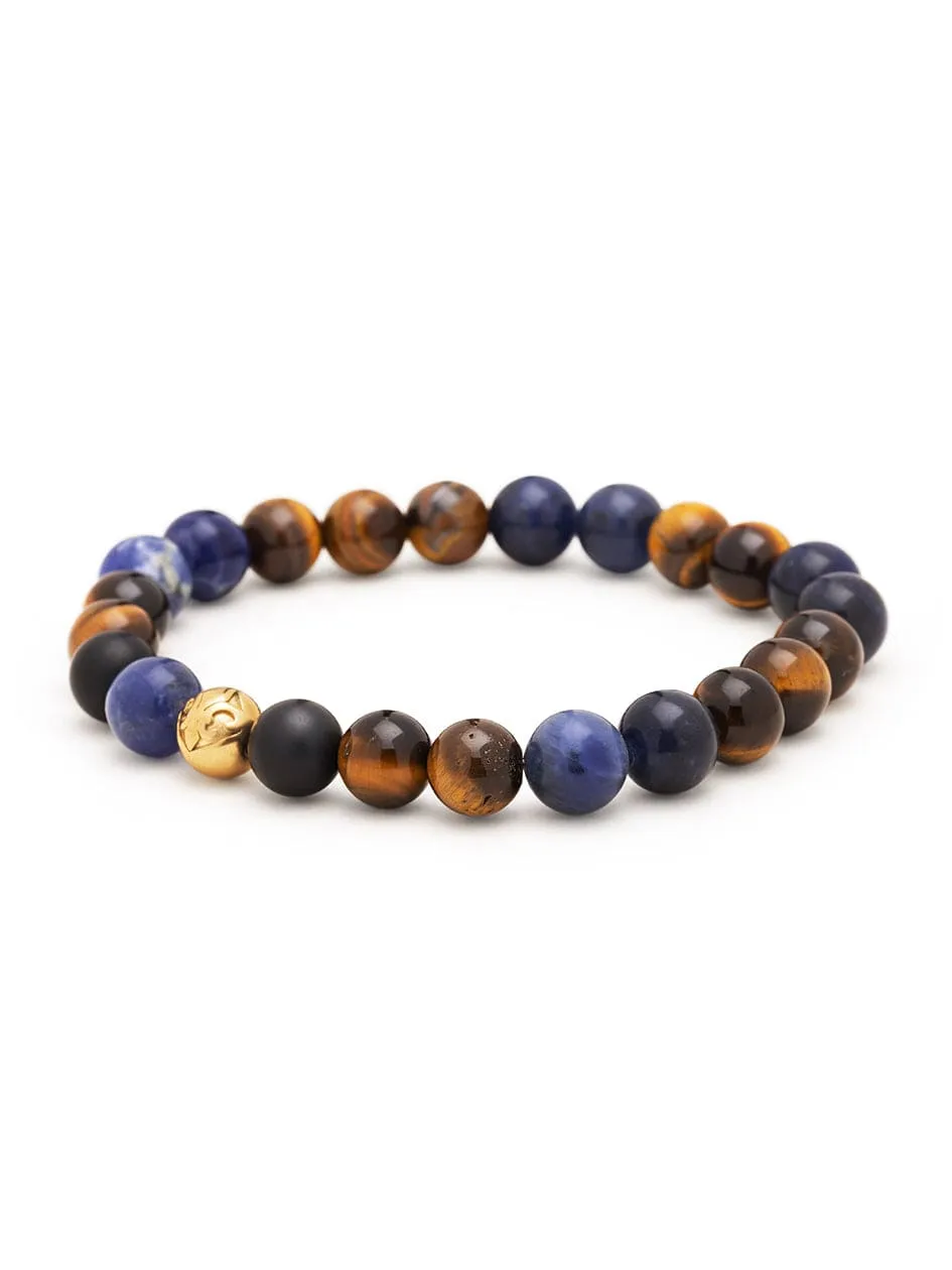 Men's Wristband with Blue Dumortierite, Brown Tiger Eye and Gold