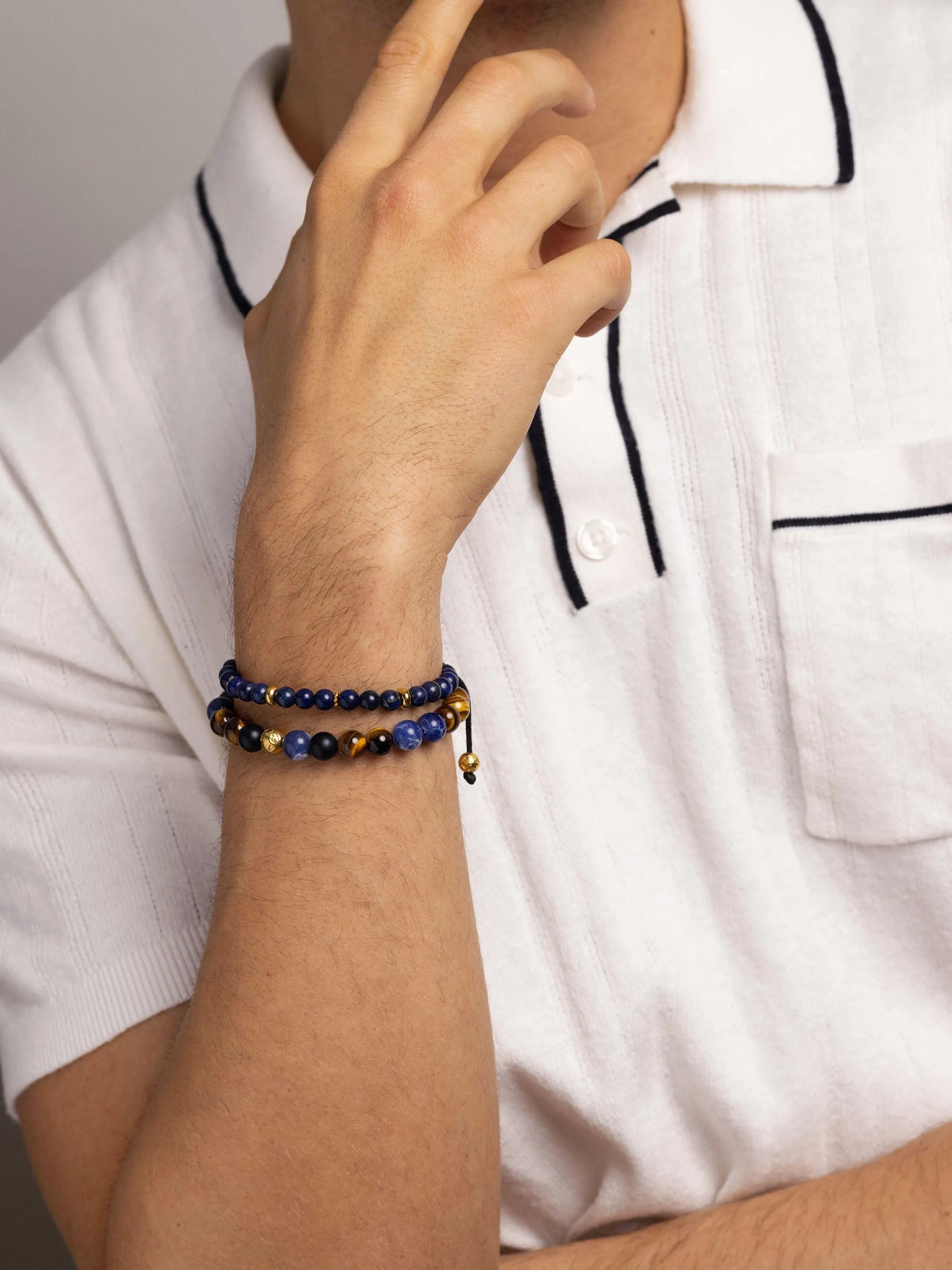 Men's Wristband with Blue Dumortierite, Brown Tiger Eye and Gold