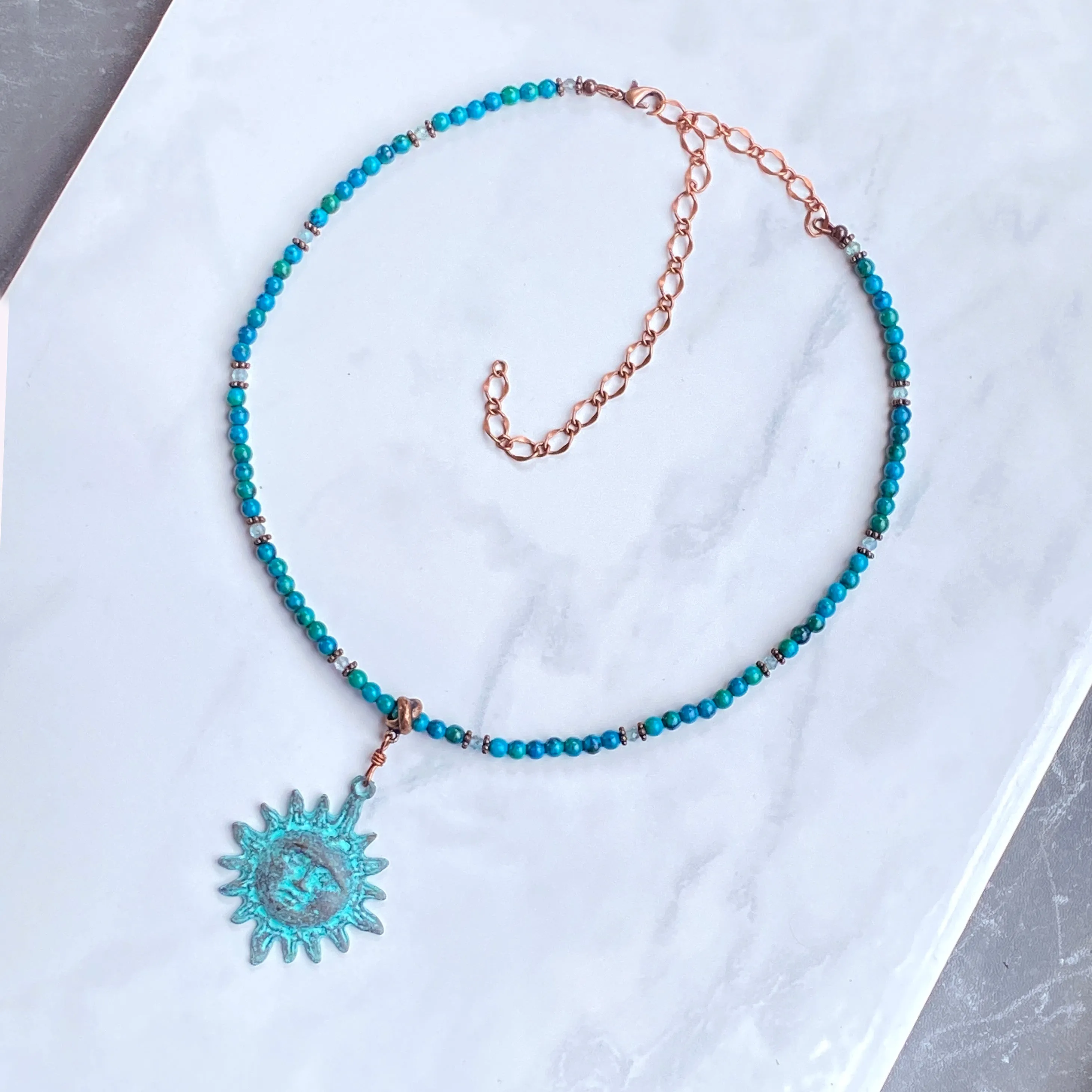 Natural Turquoise gemstone  and copper Sun pendant beaded necklace