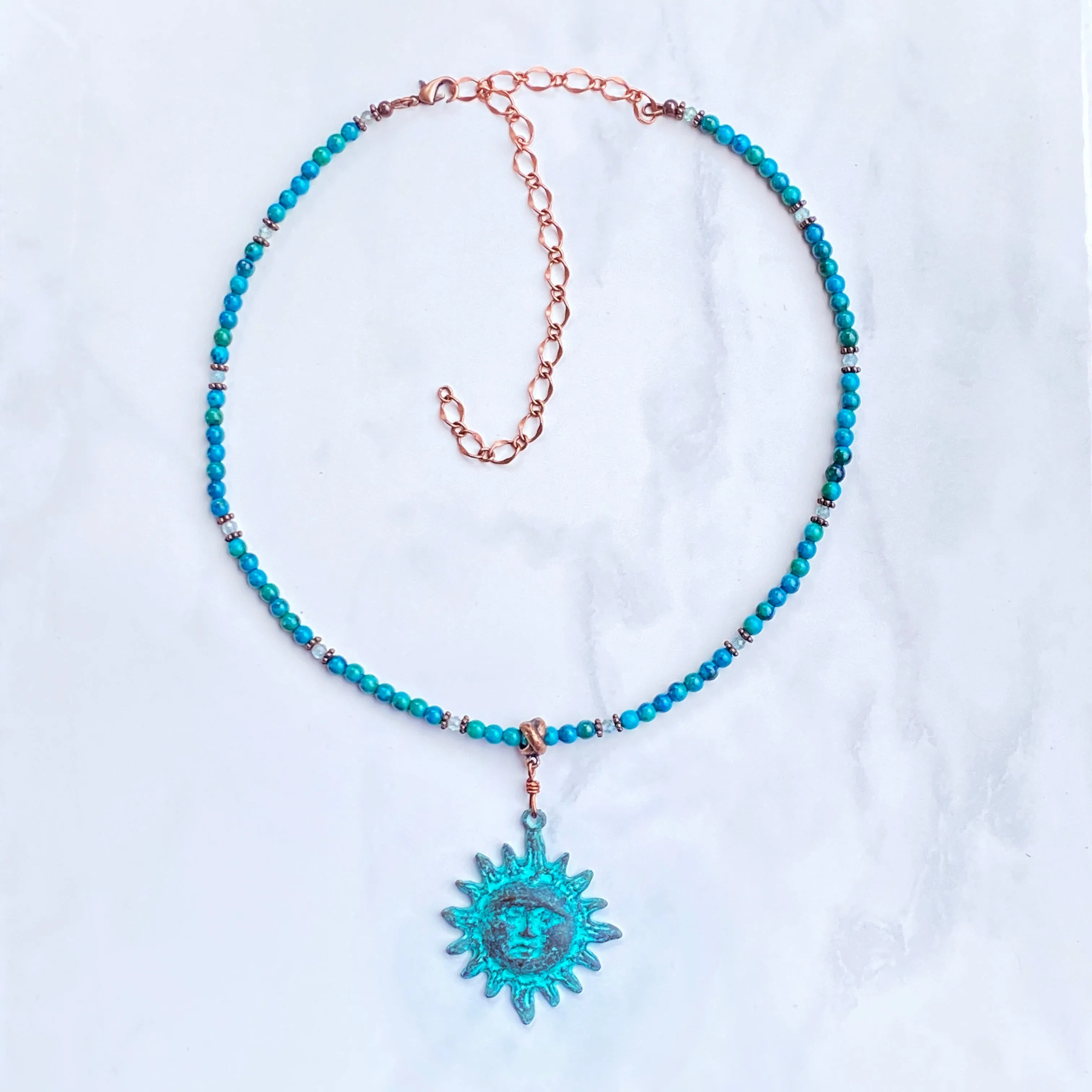 Natural Turquoise gemstone  and copper Sun pendant beaded necklace