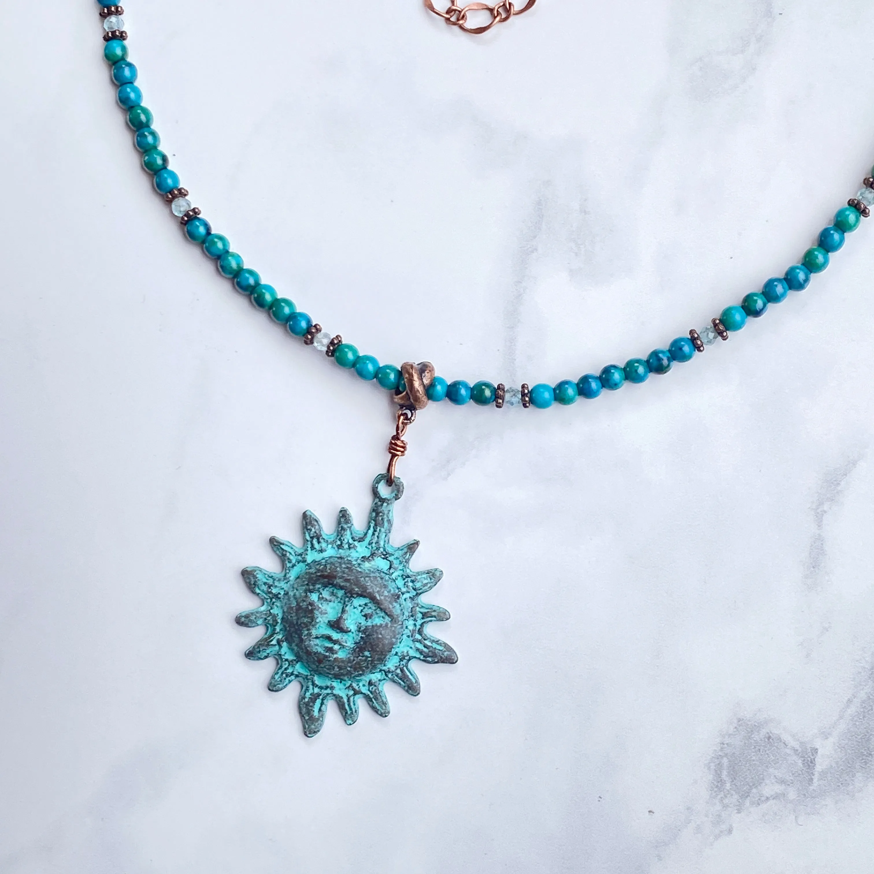 Natural Turquoise gemstone  and copper Sun pendant beaded necklace