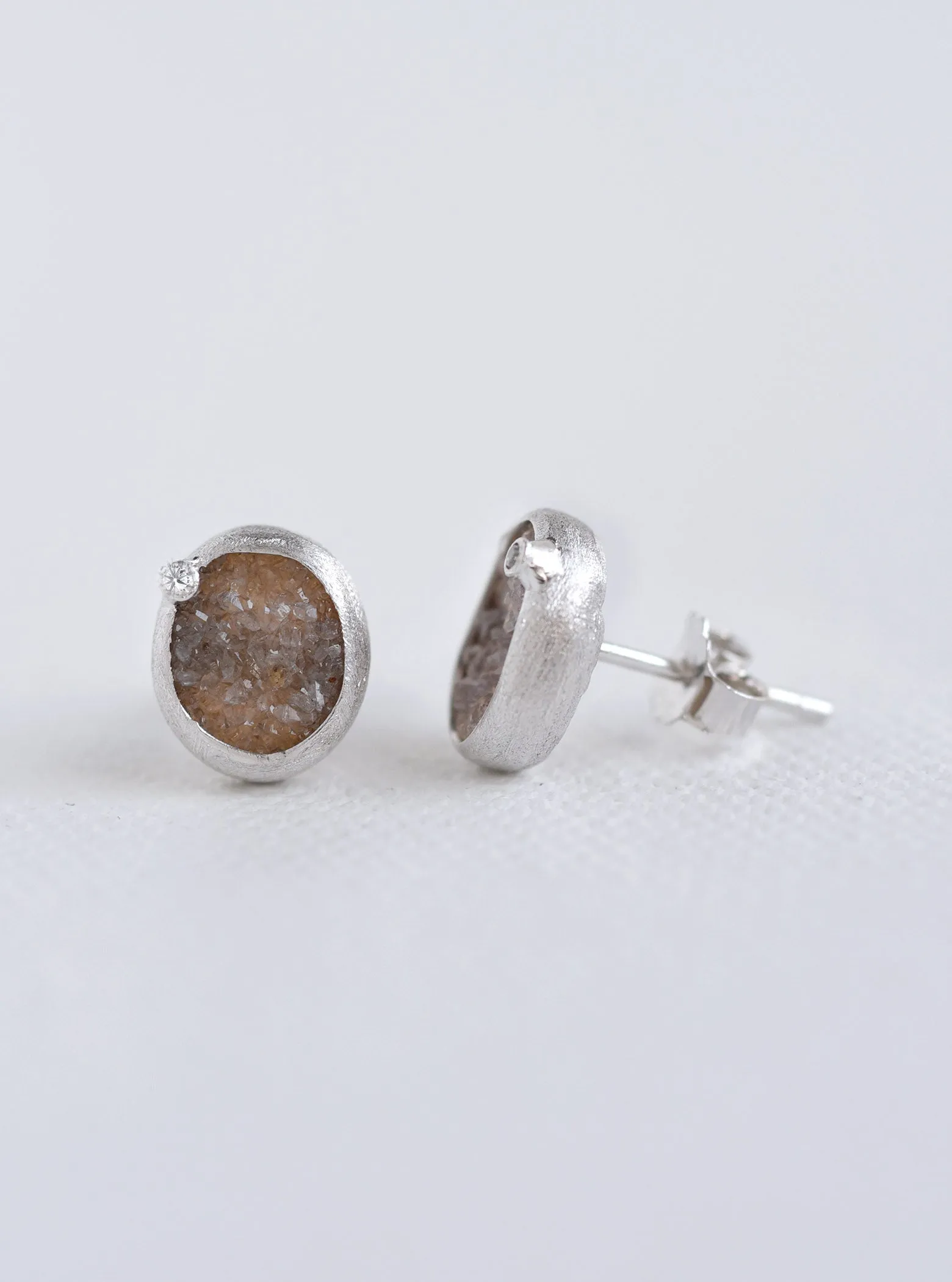 Oval Druzy With Genuine Diamond Earring