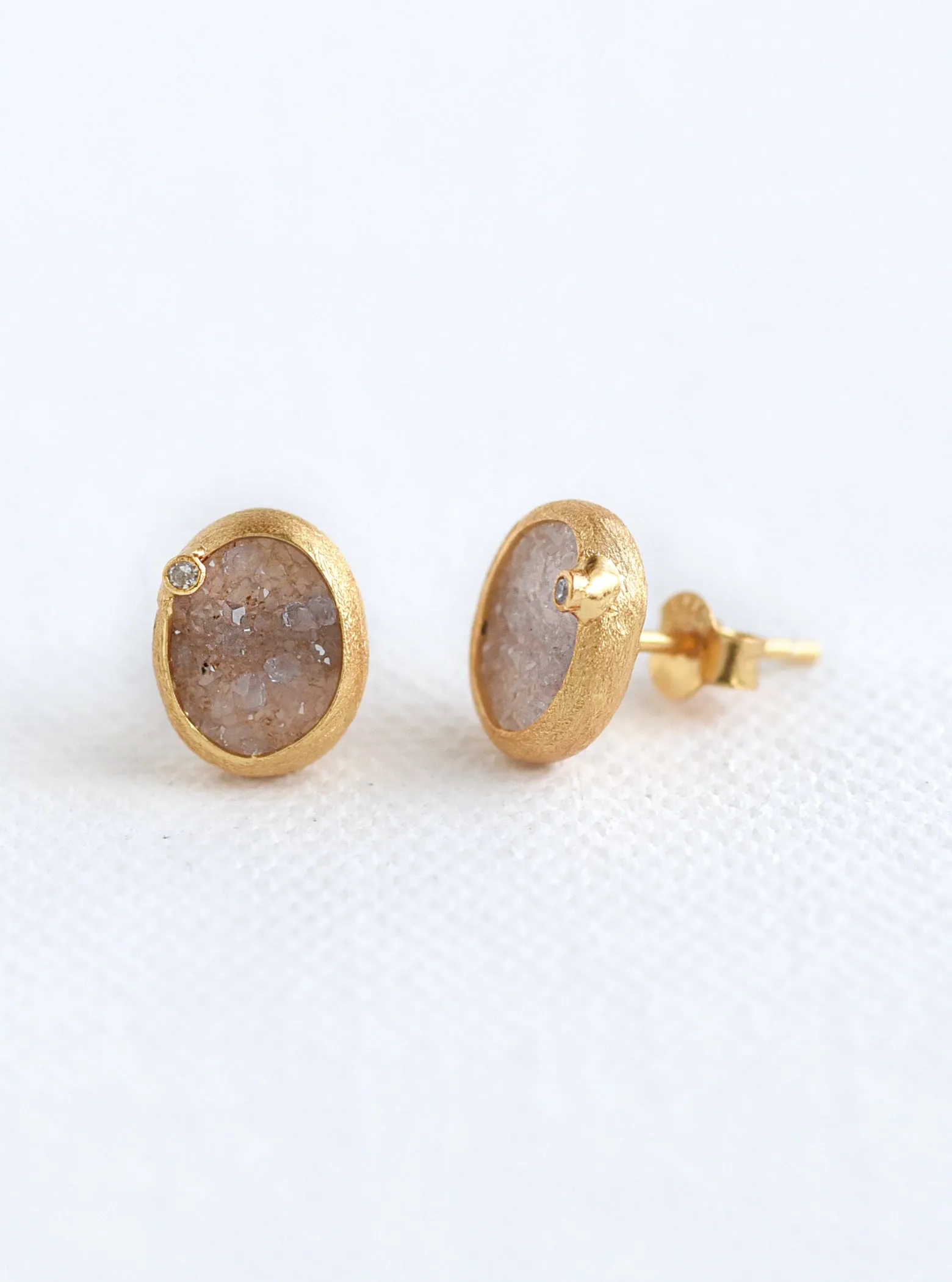 Oval Druzy With Genuine Diamond Earring