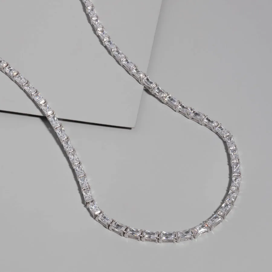 Pave 925 Sterling Silver Baguette Tennis Necklace