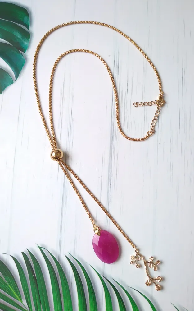 Pink Jade & Branches with Leaves Slider Necklace