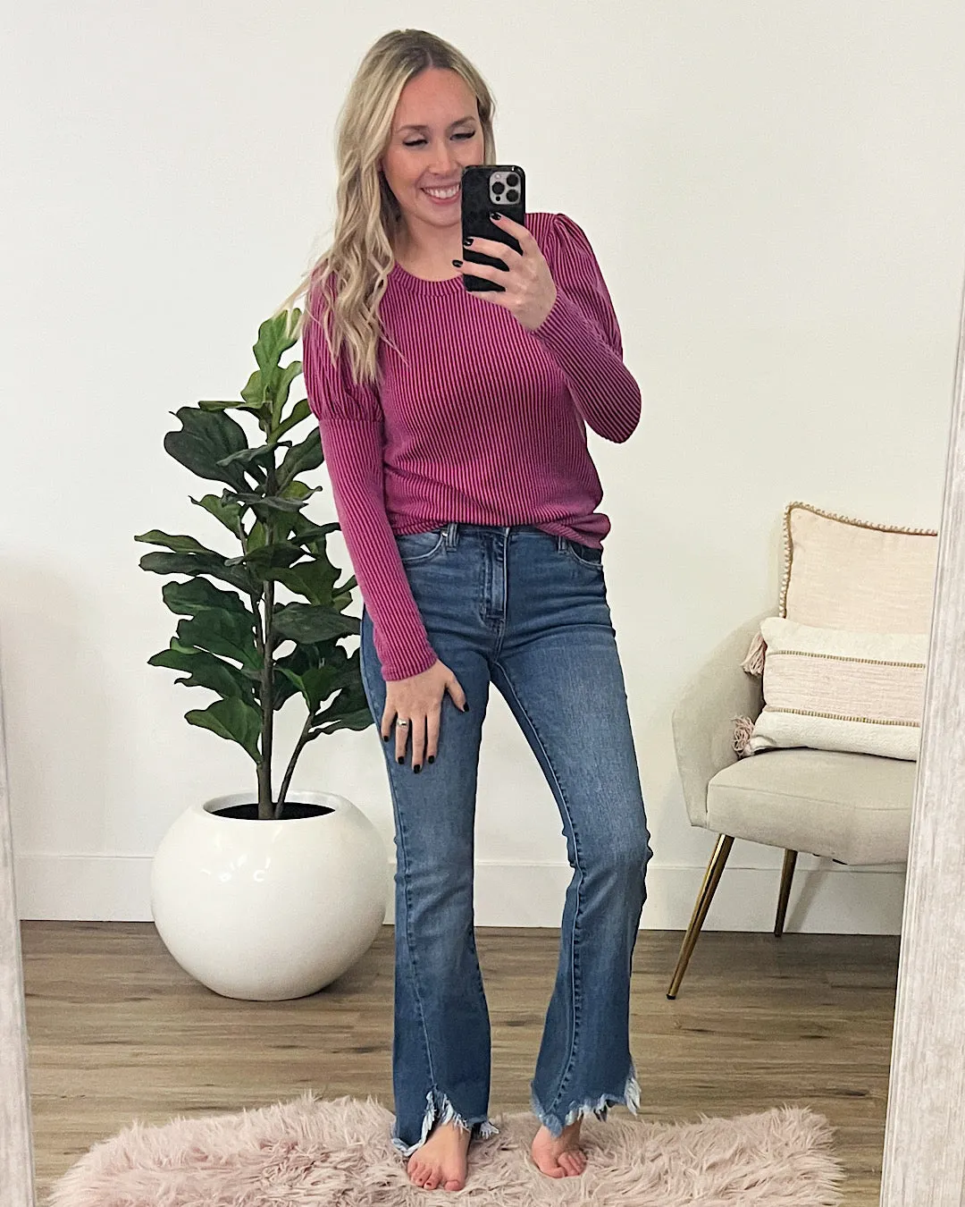 Sandi Corded Long Sleeve Bubble Sleeve Top - Fuchsia FINAL SALE