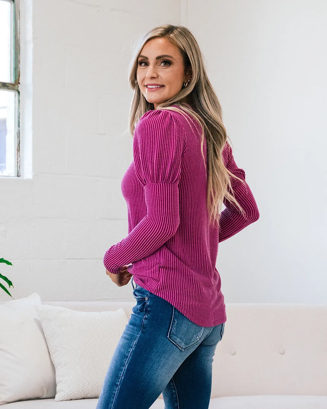 Sandi Corded Long Sleeve Bubble Sleeve Top - Fuchsia FINAL SALE