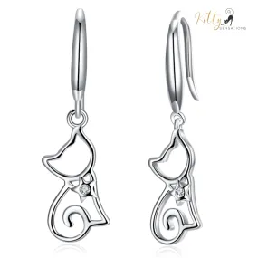 Star Heart Cat Drop/Hook Earrings in Solid 925 Sterling Silver