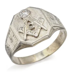 Vintage 10K White Gold Diamond Freemason Masonic Signet Ring Size 10